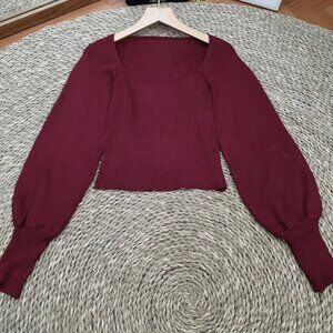 🍷 Burgundy Square Neck Puff Sleeve Ribbed Crop Sweater ❤️